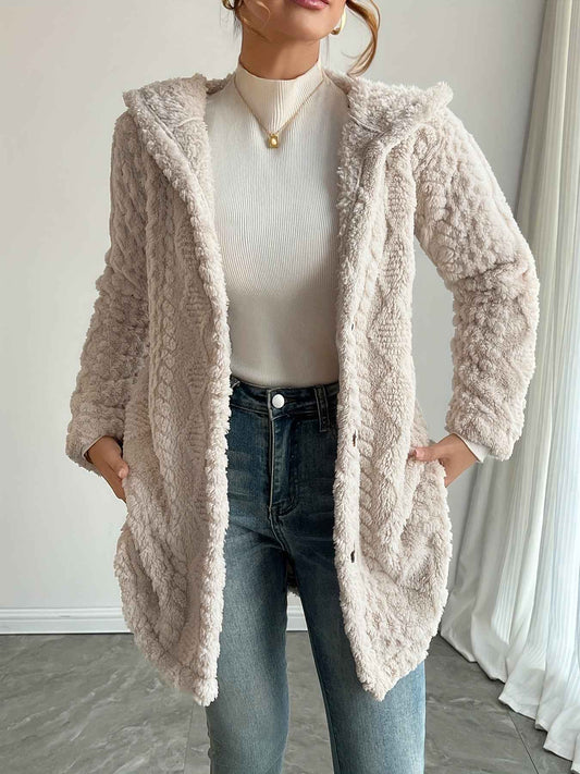 [Elegant Faux Fur Cardigan] Warm & Stylish Elegant Beige Faux Fur Hooded Cardigan for Women | Long Sleeve, Button-Up Mid-Length Winter Coat with Pockets, Cozy Fall/Winter Outerwear, Structured Design