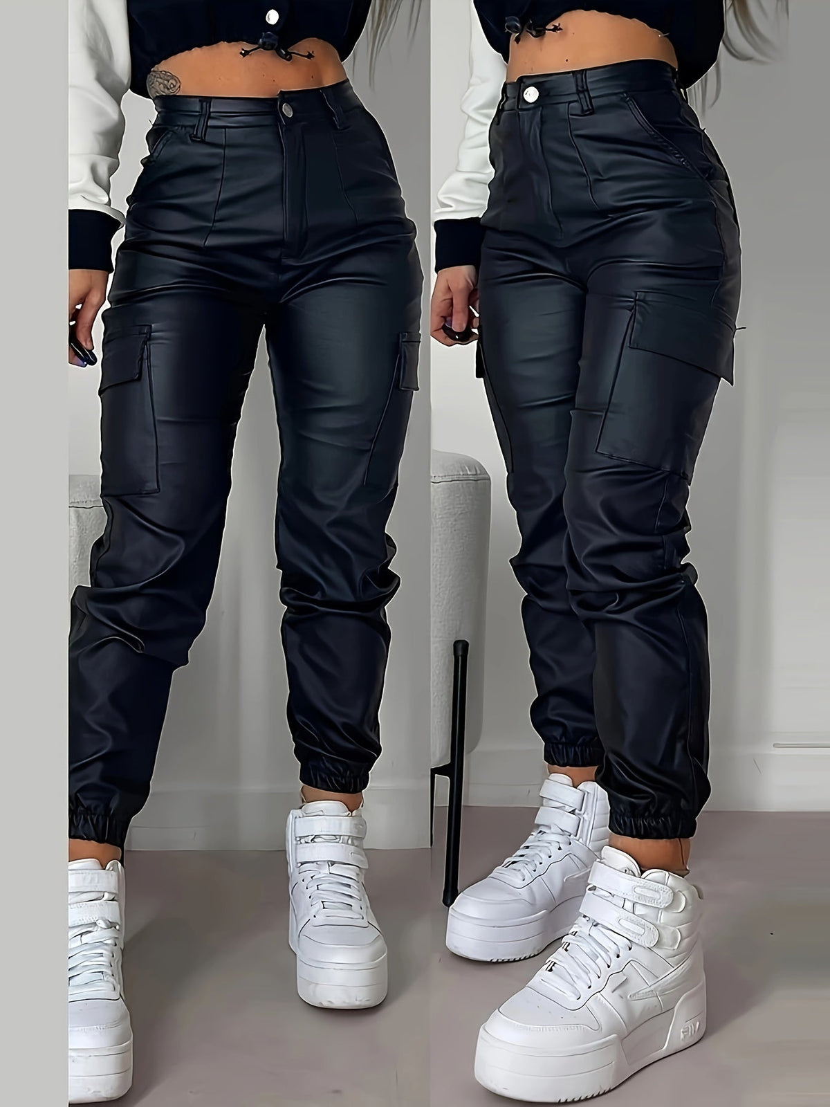 [Stretchy Cargo Jeans] High-Rise Women's Stretchy Black Cargo Denim Jeans - Multi-Pocket Design, Glossy Finish, Comfort Fit, Polyamide Fabric, Versatile Denim, Street Style SS69