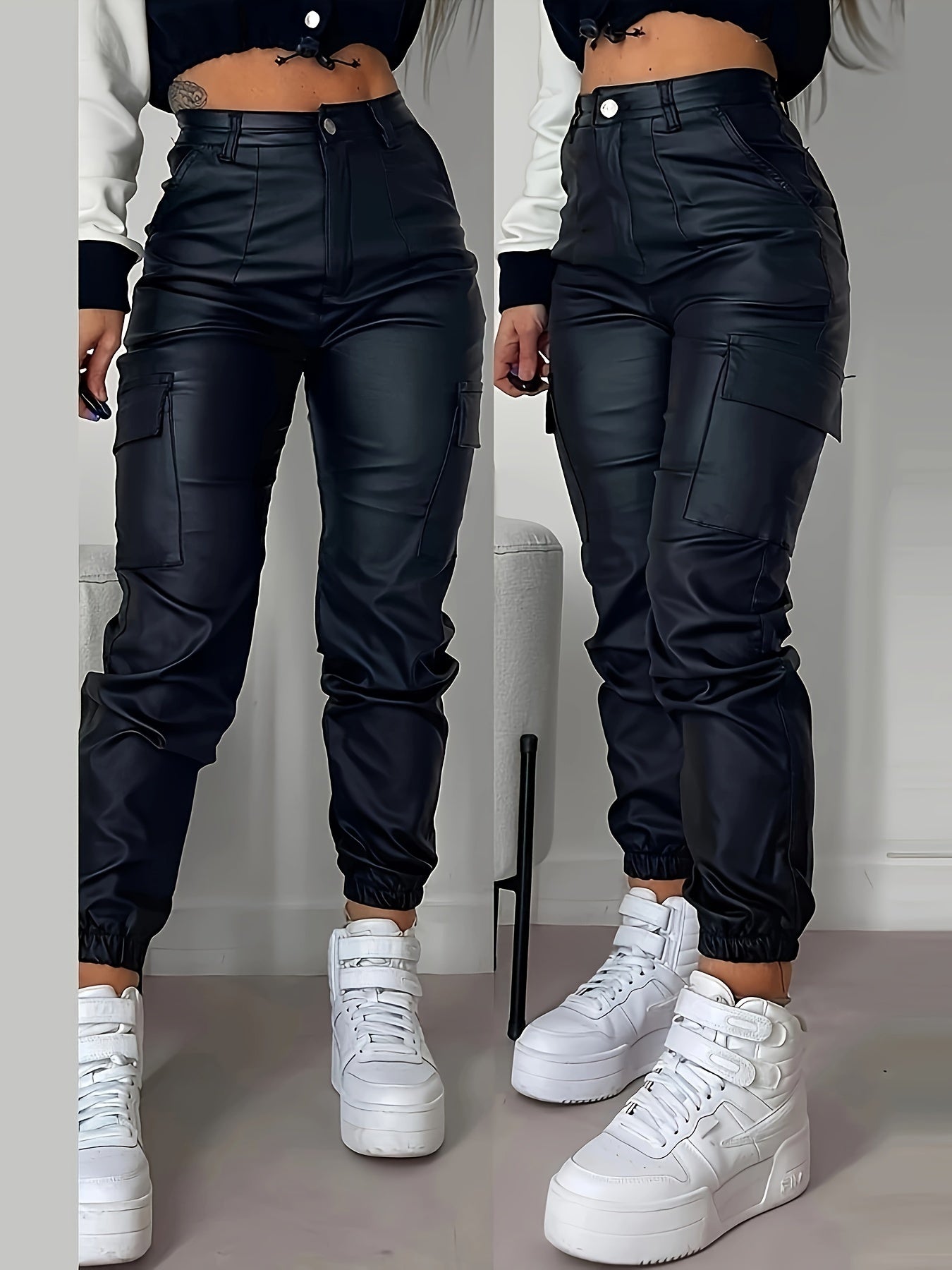 [Stretchy Cargo Jeans] High-Rise Women's Stretchy Black Cargo Denim Jeans - Multi-Pocket Design, Glossy Finish, Comfort Fit, Polyamide Fabric, Versatile Denim, Street Style SS69