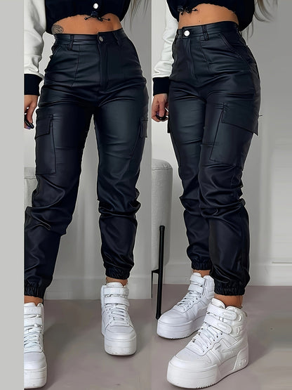 [Stretchy Cargo Jeans] High-Rise Women's Stretchy Black Cargo Denim Jeans - Multi-Pocket Design, Glossy Finish, Comfort Fit, Polyamide Fabric, Versatile Denim, Street Style SS69