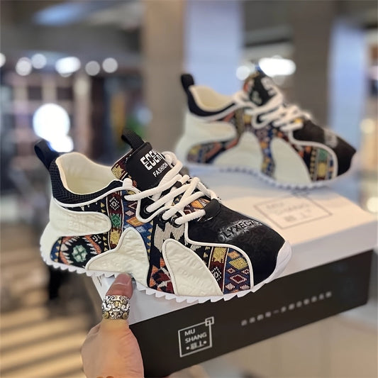 Men's Colorful Geometric Print Chunky Sneakers - Stylish Athletic & Casual Shoes with Thick PVC Sole, Breathable Fabric Lining, and Durable PU Upper for All-Day Comfort SS69