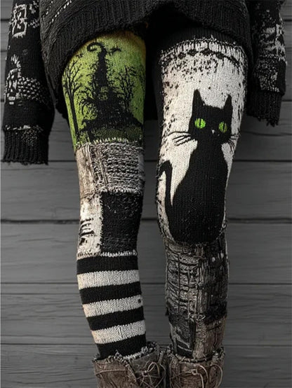 Women'S Gothic Black & Green Halloween Leggings - Stretch Slim Fit Full-Length Pants with Bat, Witch, Skull & Haunted House Print - Machine Washable Retro Style Spooky Party Costume for Masquerade, Themed Events & Casual Wear SS69