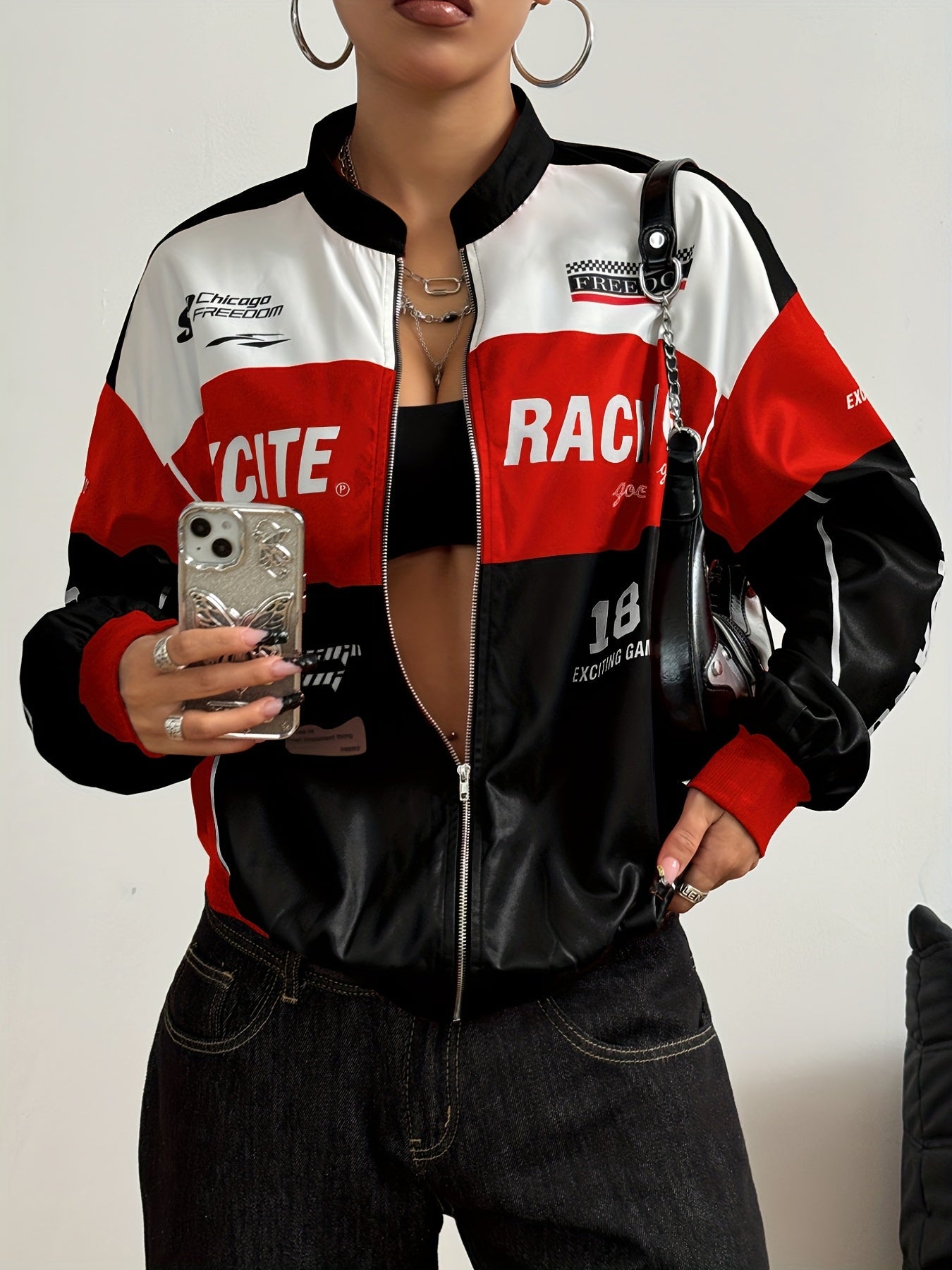 Women'S Vintage-Inspired Letter Print Bomber Jacket - Long Sleeve Zip-Up with Stand Collar, Lightweight Polyester, Black & White Design, Casual Chic for All Seasons SS69