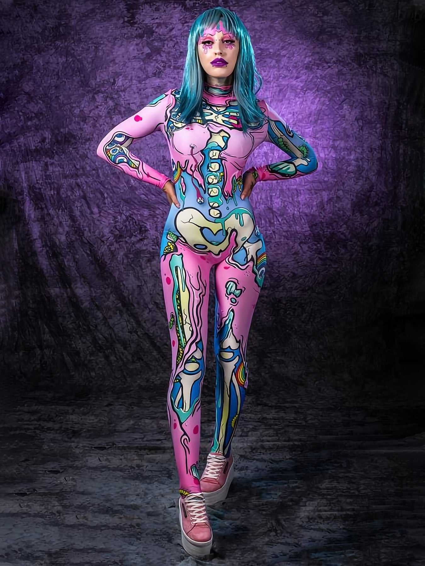 Women'S Sexy Halloween Costume - Long Sleeve Bodycon Jumpsuit with Neon Accents, Form-Fitting Cosplay Outfit for Halloween Parties, Themed Events - Sexy Party Attire for Women, Halloween Clothes, Themed Event Attire, Formfitt SS69