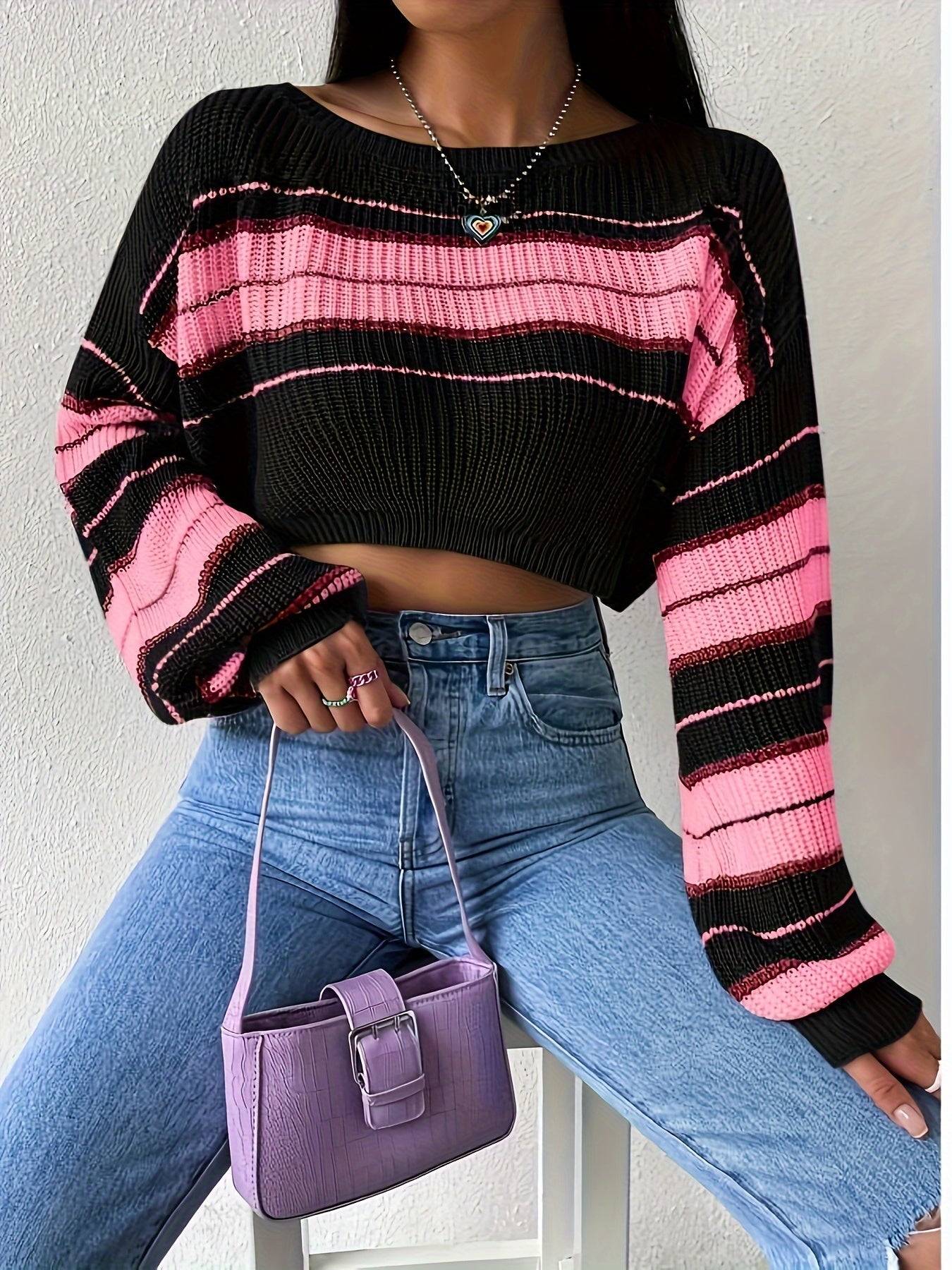 [Boat Neck Striped Pullover] Striped Boat Neck Pullover Sweater, Elegant Lantern Sleeve Drop Shoulder Crop Sweater, Women's Clothing SS69