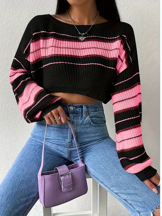[Boat Neck Striped Pullover] Striped Boat Neck Pullover Sweater, Elegant Lantern Sleeve Drop Shoulder Crop Sweater, Women's Clothing SS69