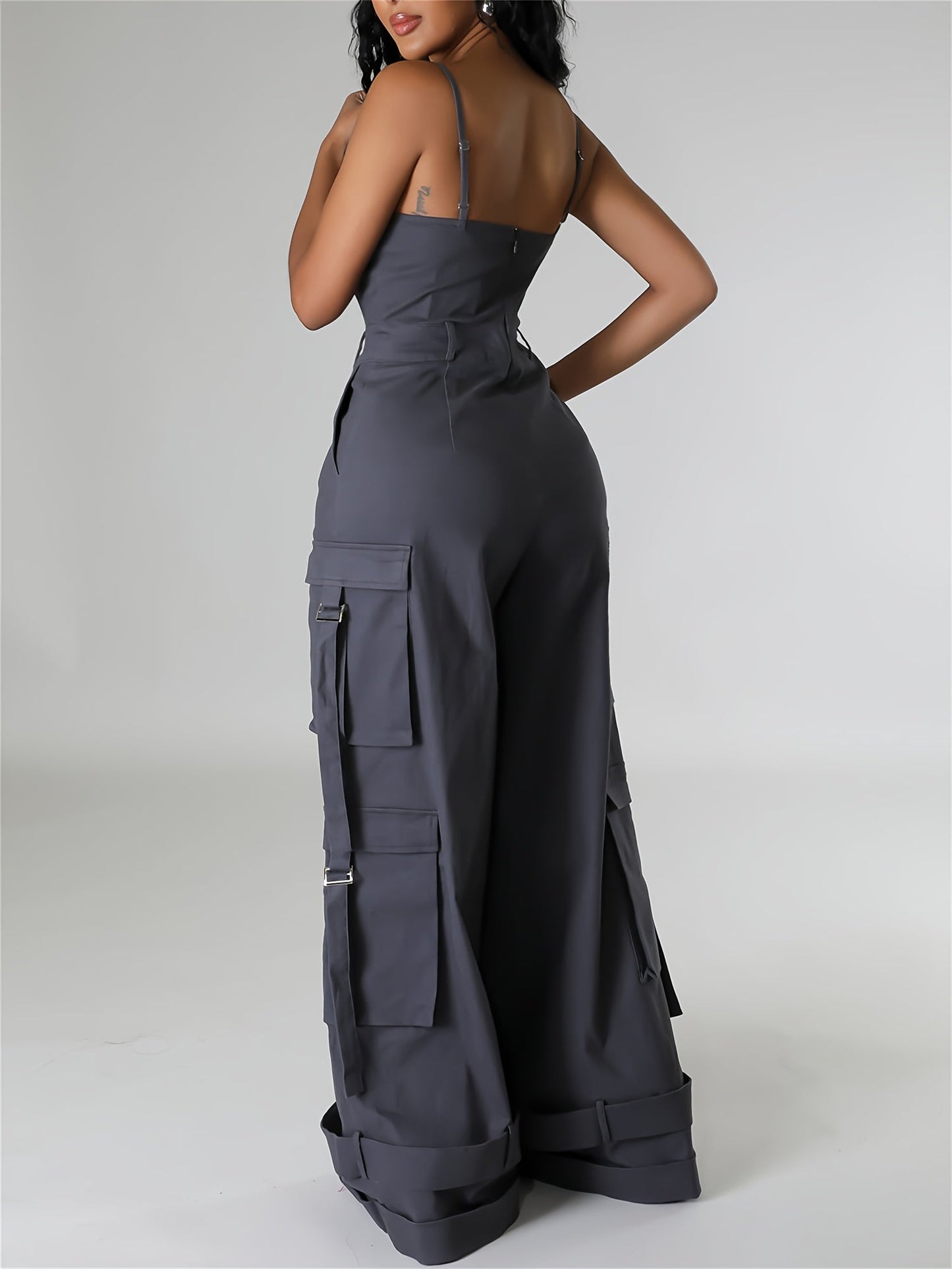 Women'S Y2K Wide-Leg Cargo Jumpsuit - Summer Utility Romper With Multi-Pockets And Spaghetti Straps | Casual Street Style Overalls For Outdoor Adventures/Urban Exploring (Adjustable Spaghetti Straps) SS69