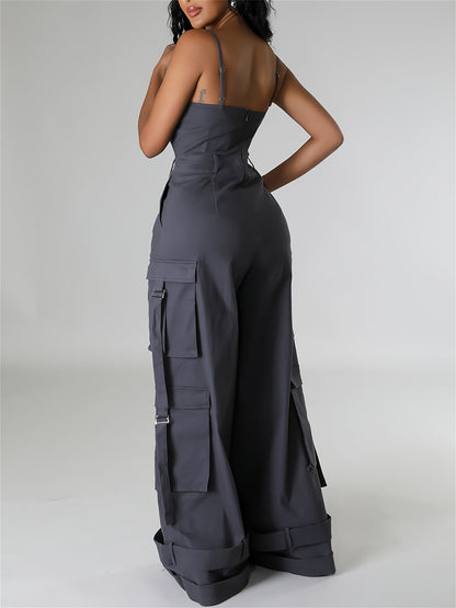Women'S Y2K Wide-Leg Cargo Jumpsuit - Summer Utility Romper With Multi-Pockets And Spaghetti Straps | Casual Street Style Overalls For Outdoor Adventures/Urban Exploring (Adjustable Spaghetti Straps) SS69
