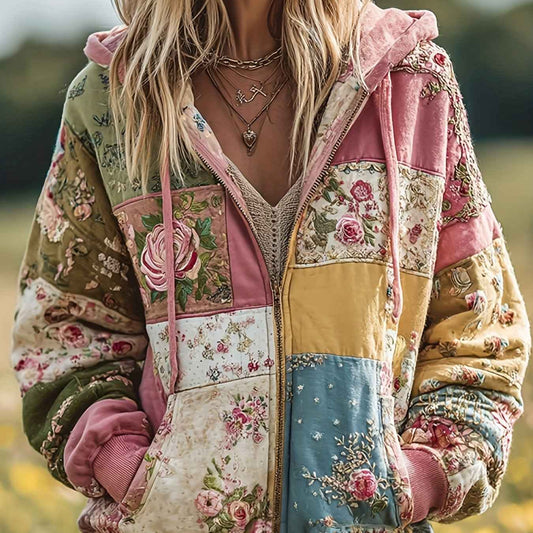 Plus Size, Women's Plus Size Vintage Bohemian Floral & plant print Hooded Jacket/Sweatshirt - Elegant Loose Fit Oversized Coat with Full-Length Zipper, H-Line Silhouette for Fall Winter Spring, Machine Washable for easy care