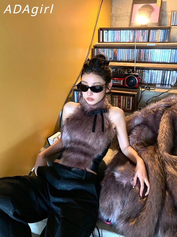 ADAgirl Faux Fur Tank Top High Collar Sleeveless Camis Jumper with Bow Korean Fashion Design Aesthetics Outfits Edgy Clothes Y2k - SS69