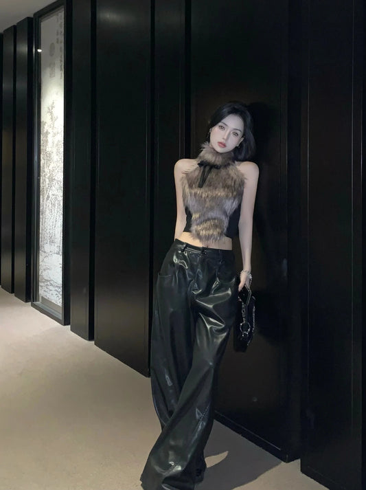 ADAgirl Faux Fur Tank Top High Collar Sleeveless Camis Jumper with Bow Korean Fashion Design Aesthetics Outfits Edgy Clothes Y2k - SS69