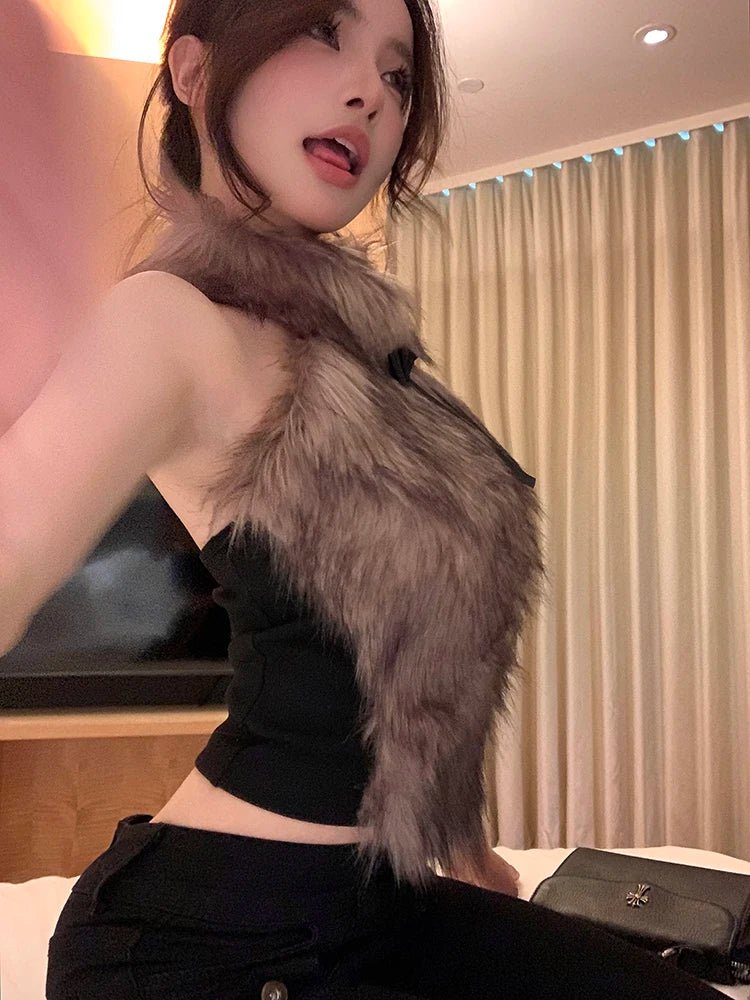 ADAgirl Faux Fur Tank Top High Collar Sleeveless Camis Jumper with Bow Korean Fashion Design Aesthetics Outfits Edgy Clothes Y2k - SS69