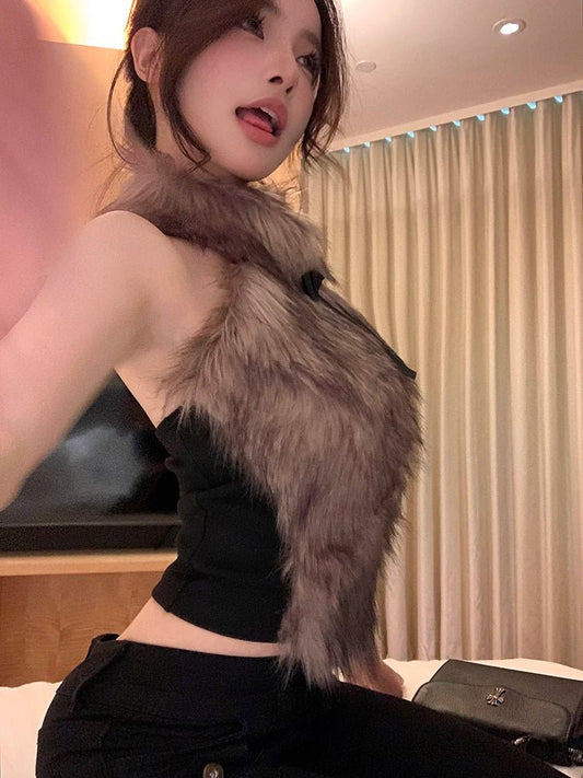 ADAgirl Faux Fur Tank Top High Collar Sleeveless Camis Jumper with Bow Korean Fashion Design Aesthetics Outfits Edgy Clothes Y2k - SS69