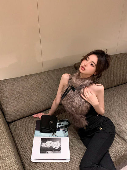 ADAgirl Faux Fur Tank Top High Collar Sleeveless Camis Jumper with Bow Korean Fashion Design Aesthetics Outfits Edgy Clothes Y2k - SS69