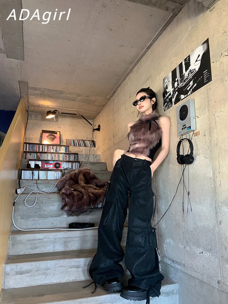 ADAgirl Faux Fur Tank Top High Collar Sleeveless Camis Jumper with Bow Korean Fashion Design Aesthetics Outfits Edgy Clothes Y2k - SS69