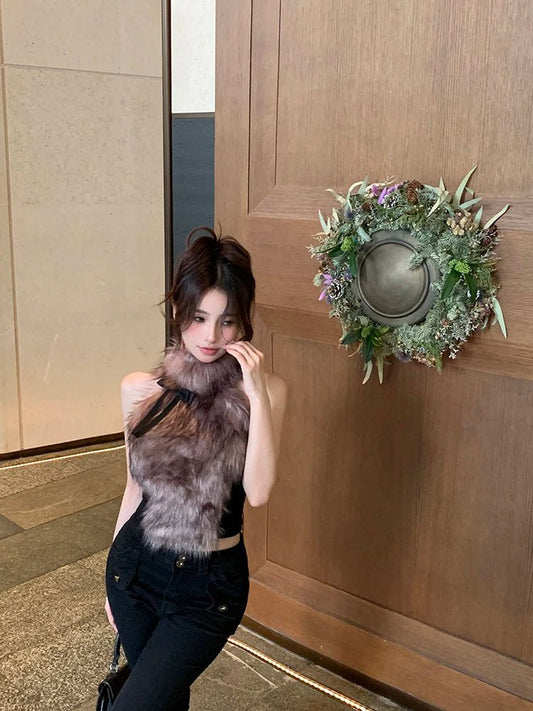 ADAgirl Faux Fur Tank Top High Collar Sleeveless Camis Jumper with Bow Korean Fashion Design Aesthetics Outfits Edgy Clothes Y2k - SS69