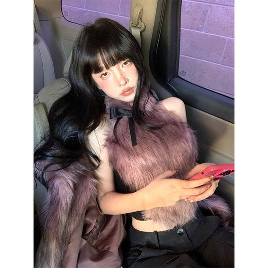 ADAgirl Faux Fur Tank Top High Collar Sleeveless Camis Jumper with Bow Korean Fashion Design Aesthetics Outfits Edgy Clothes Y2k - SS69