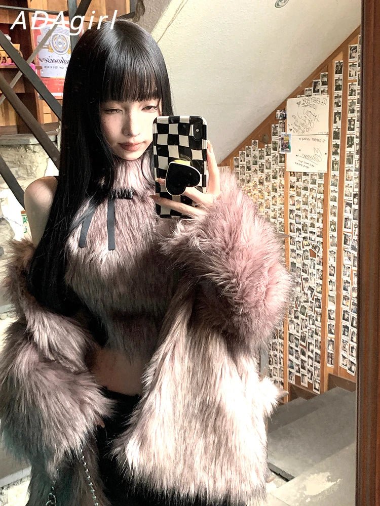 ADAgirl Faux Fur Tank Top High Collar Sleeveless Camis Jumper with Bow Korean Fashion Design Aesthetics Outfits Edgy Clothes Y2k - SS69