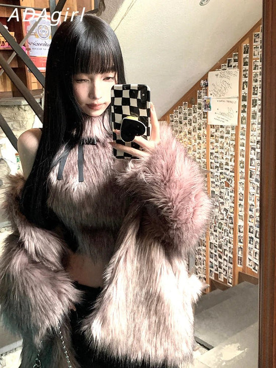 ADAgirl Faux Fur Tank Top High Collar Sleeveless Camis Jumper with Bow Korean Fashion Design Aesthetics Outfits Edgy Clothes Y2k - SS69