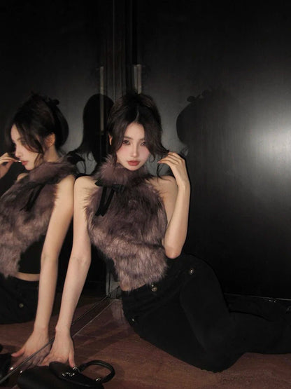 ADAgirl Faux Fur Tank Top High Collar Sleeveless Camis Jumper with Bow Korean Fashion Design Aesthetics Outfits Edgy Clothes Y2k - SS69