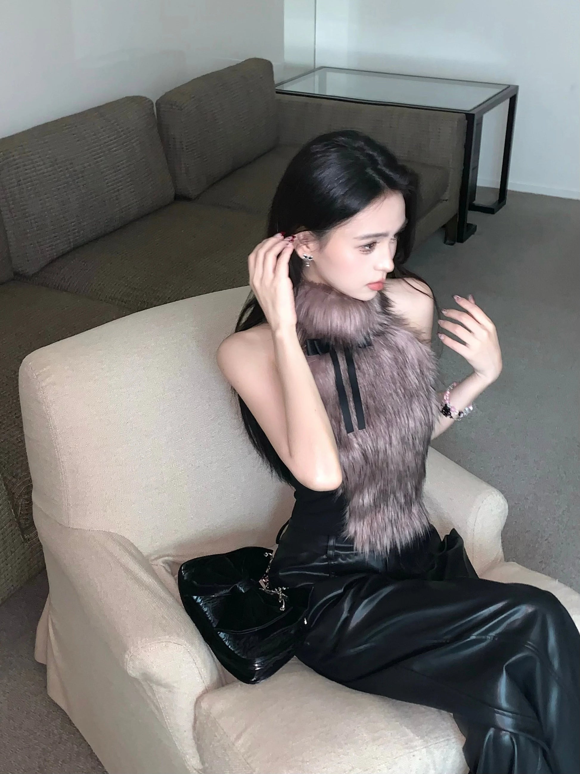 ADAgirl Faux Fur Tank Top High Collar Sleeveless Camis Jumper with Bow Korean Fashion Design Aesthetics Outfits Edgy Clothes Y2k - SS69