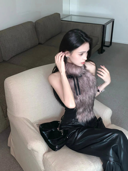 ADAgirl Faux Fur Tank Top High Collar Sleeveless Camis Jumper with Bow Korean Fashion Design Aesthetics Outfits Edgy Clothes Y2k - SS69