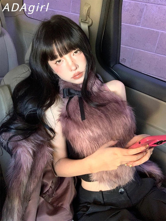 ADAgirl Faux Fur Tank Top High Collar Sleeveless Camis Jumper with Bow Korean Fashion Design Aesthetics Outfits Edgy Clothes Y2k - SS69