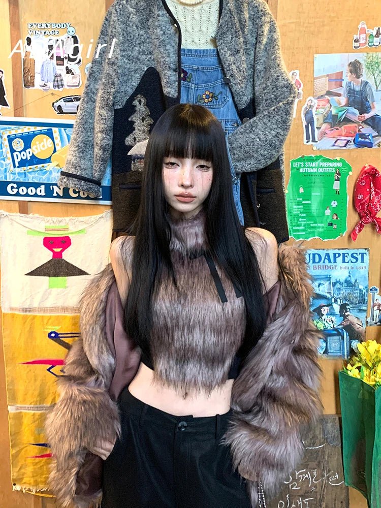 ADAgirl Faux Fur Tank Top High Collar Sleeveless Camis Jumper with Bow Korean Fashion Design Aesthetics Outfits Edgy Clothes Y2k - SS69