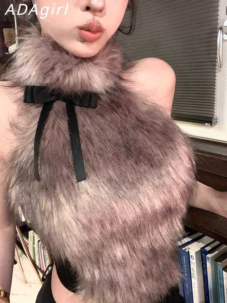 ADAgirl Faux Fur Tank Top High Collar Sleeveless Camis Jumper with Bow Korean Fashion Design Aesthetics Outfits Edgy Clothes Y2k - SS69