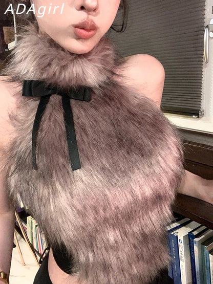 ADAgirl Faux Fur Tank Top High Collar Sleeveless Camis Jumper with Bow Korean Fashion Design Aesthetics Outfits Edgy Clothes Y2k - SS69