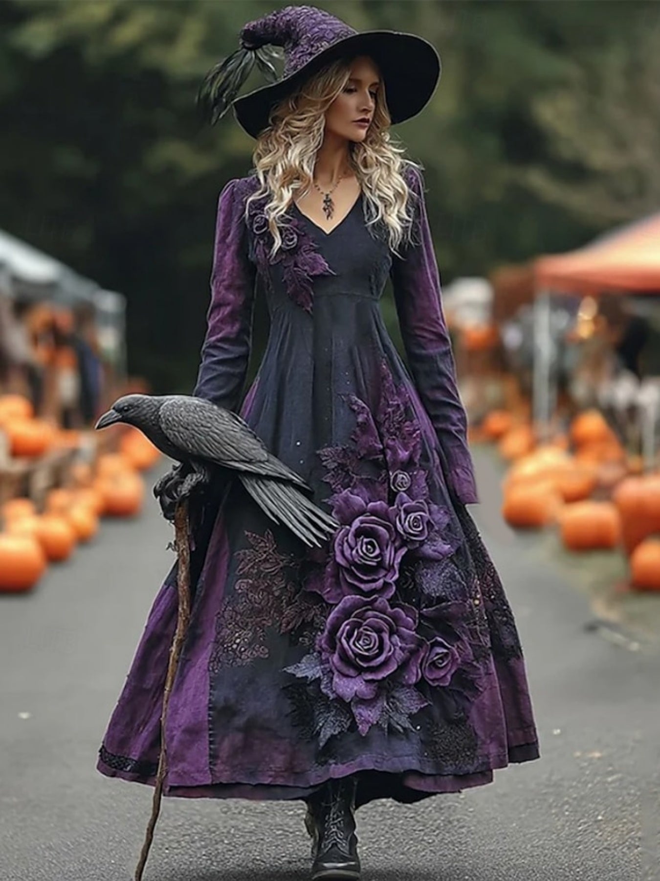 Women'S Gothic Victorian-Inspired V-Neck Long Dress with Ruffled Hem & A-Line Silhouette - Warm Breathable Winter Dress, Loose-Fit Long Sleeve Elegant Party & Everyday Outfit in Deep Purple & Black, Sizes XS-XXL for Themed Ev SS69