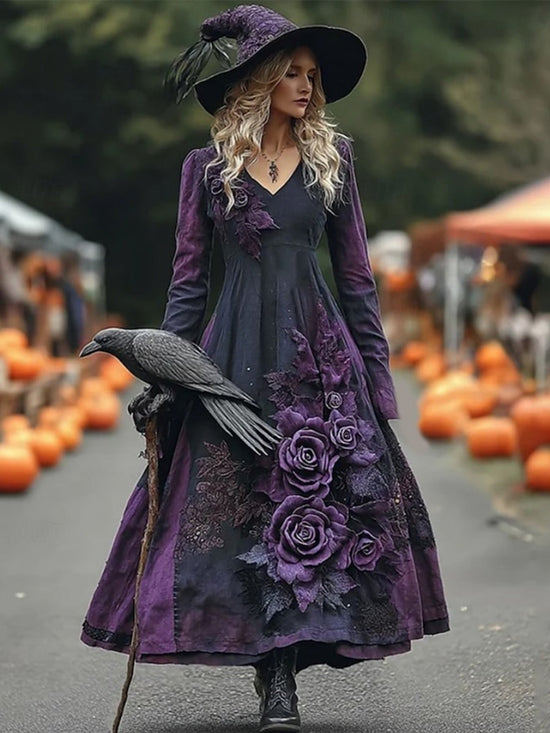 Women'S Gothic Victorian-Inspired V-Neck Long Dress with Ruffled Hem & A-Line Silhouette - Warm Breathable Winter Dress, Loose-Fit Long Sleeve Elegant Party & Everyday Outfit in Deep Purple & Black, Sizes XS-XXL for Themed Ev SS69