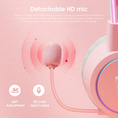 ONIKUMA Pink Cat Ear Gaming Headset with RGB Illuminated Headband, Detachable Flexible Mic, and Volume Controls - USB Powered Wired Over-Ear Headphones for PC Gamers, Gaming Headphones SS69