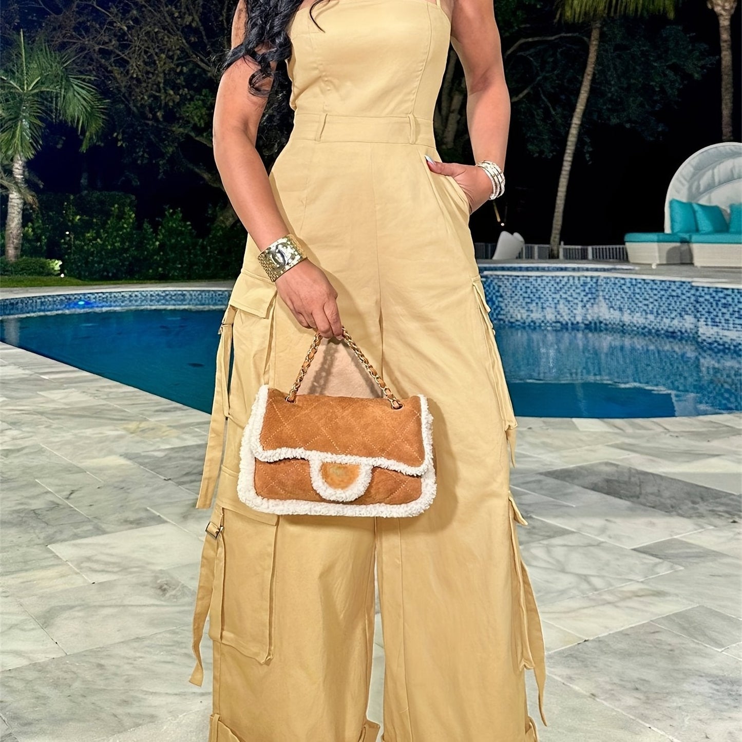 Women'S Y2K Wide-Leg Cargo Jumpsuit - Summer Utility Romper With Multi-Pockets And Spaghetti Straps | Casual Street Style Overalls For Outdoor Adventures/Urban Exploring (Adjustable Spaghetti Straps) SS69 31.69 Khaki / XL