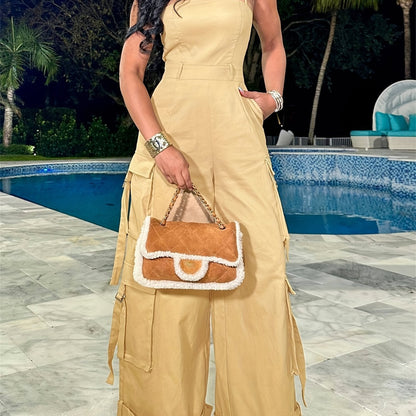 Women'S Y2K Wide-Leg Cargo Jumpsuit - Summer Utility Romper With Multi-Pockets And Spaghetti Straps | Casual Street Style Overalls For Outdoor Adventures/Urban Exploring (Adjustable Spaghetti Straps) SS69 31.69 Khaki / XL