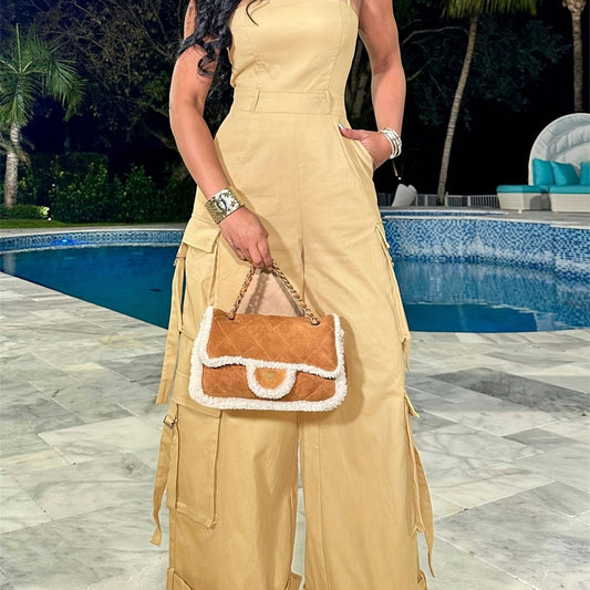 Women'S Y2K Wide-Leg Cargo Jumpsuit - Summer Utility Romper With Multi-Pockets And Spaghetti Straps | Casual Street Style Overalls For Outdoor Adventures/Urban Exploring (Adjustable Spaghetti Straps) SS69 31.69 Khaki / XL