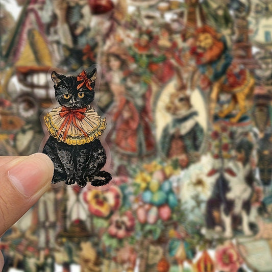 50-Pack Victorian Era Themed Waterproof Stickers - Transparent PET Material, Vintage Illustrations of Animals, Clockwork Machines & Floral Designs - Perfect for DIY Decoration on Skateboards, Phone Cases & Guitars, Vintage Cr SS69