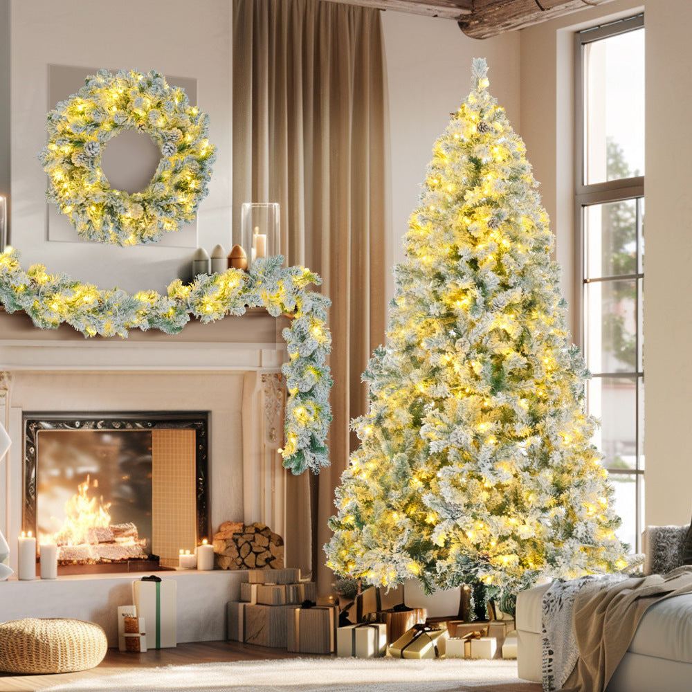 RIDFY 6FT Snow Flocked Christmas Tree, Pre-Lit Set with Tree & Garland & Wreath, Artificial Hinged Xmas Tree with Colorful LED Lights, 8 Lighting Modes, Pine Cones, Holiday Decor for Home SS69