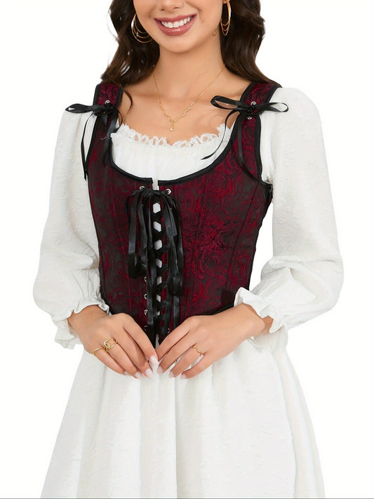 [Vintage Floral Corset Fishbone Print] Women's Vintage Floral Corset Lace-Up Fishbone Print Vest Renaissance pirate costume SS69