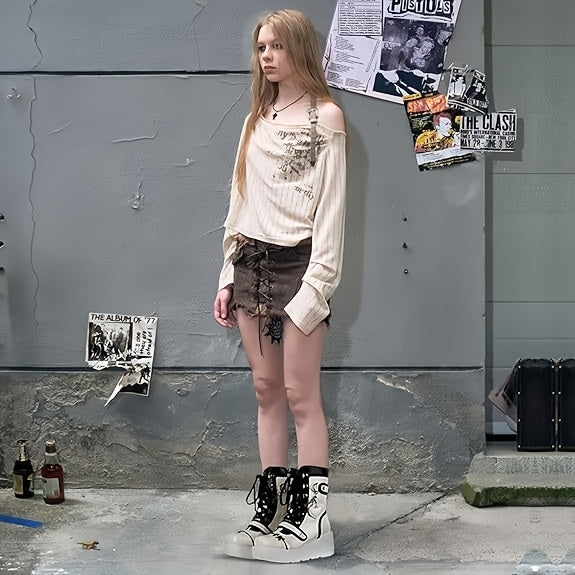 [Goth Rave High Heel Boots] Goth Rave High Heel Round Toe Zipper Wedges Mid Calf Booties - Platform Ankle Boots For Women - Kawaii Shoes SS69