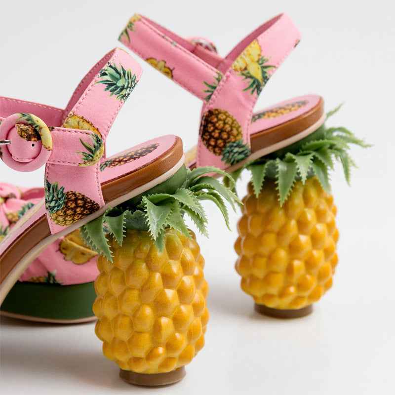 Women's Pineapple Print Platform Sandals - Thick Sole Super High Heels with Ankle Strap Closure, Open-Toe Summer Party Shoes in Pink & Green, Durable Fabric Upper & Rubber Sole for Dressy Occasions, Beachwear, Themed Events -