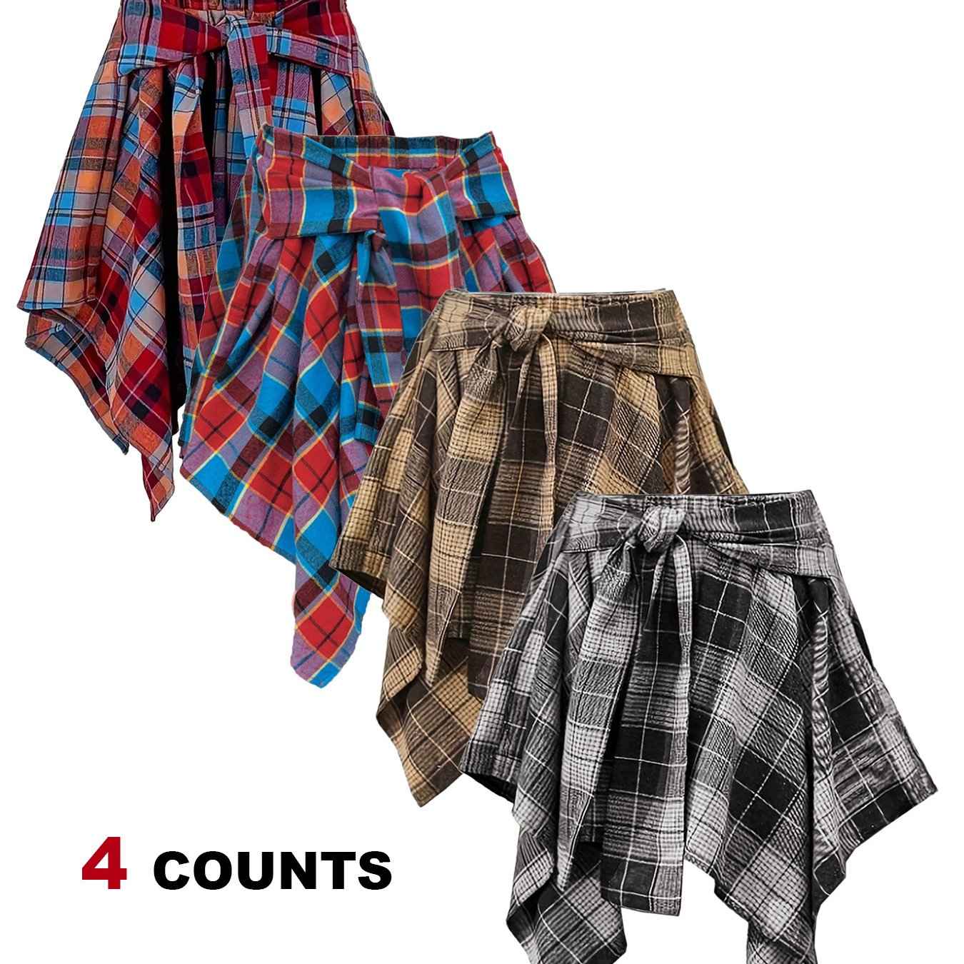 Plus Size - Plus Size - 4-Pack Plus Size Pleated Plaid Skirt | Women High Waist A-Line Elastic Waist Midi Skirt Casual Vintage Checkered Skirt With Slight Stretch Fabric