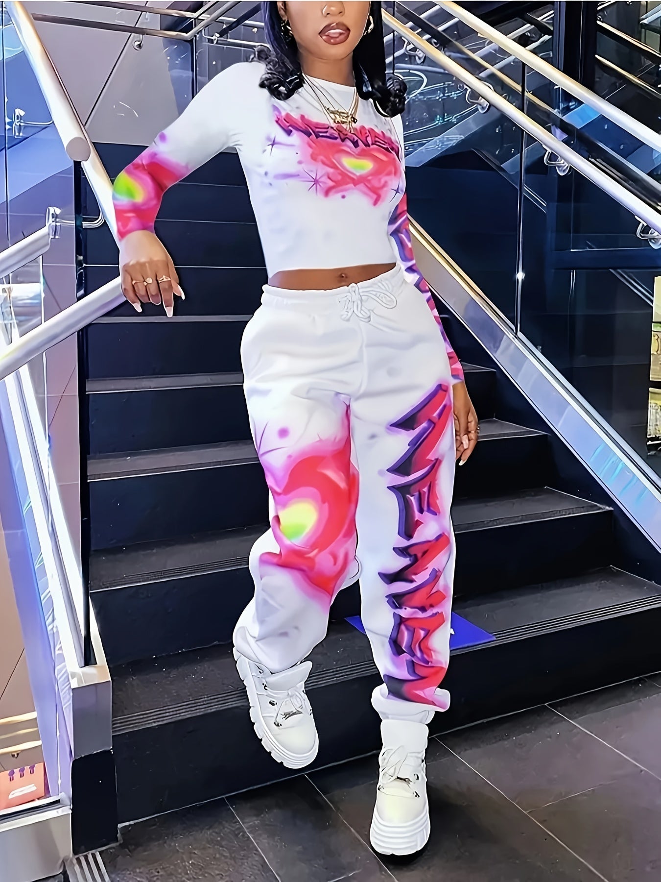 [Vibrant Y2K-Inspired Activewear Set] Vibrant Y2K-Inspired Heart & Letter Print Activewear Set - Long Sleeve Crop Top & Drawstring Joggers, Polyester/Spandex Blend, Perfect for Daily Fitness & Outdoor Fashion SS69