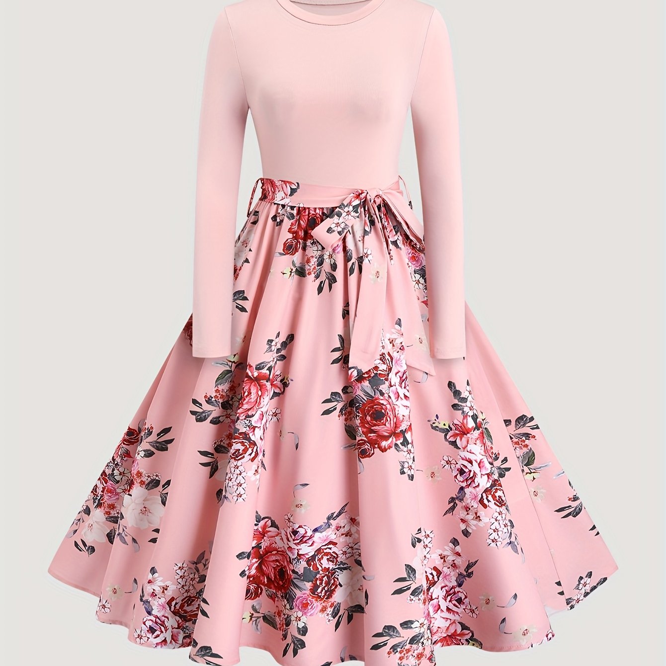 [Pink Floral Dress] Polyester Women's Pink Floral A-Line Dress - Long Sleeves, Round Neck, Machine Washable, Belt Detail, Perfect for Spring/Summer SS69 21.69 Pink Red Color / XXL