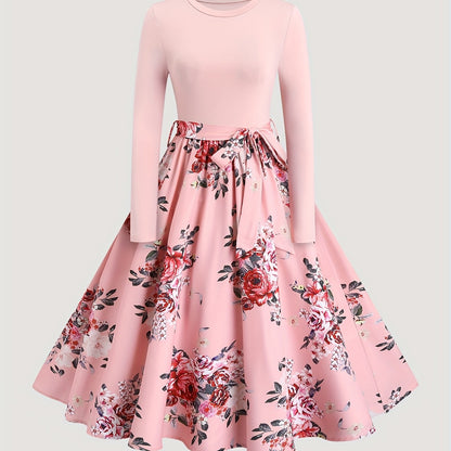 [Pink Floral Dress] Polyester Women's Pink Floral A-Line Dress - Long Sleeves, Round Neck, Machine Washable, Belt Detail, Perfect for Spring/Summer SS69 21.69 Pink Red Color / XXL