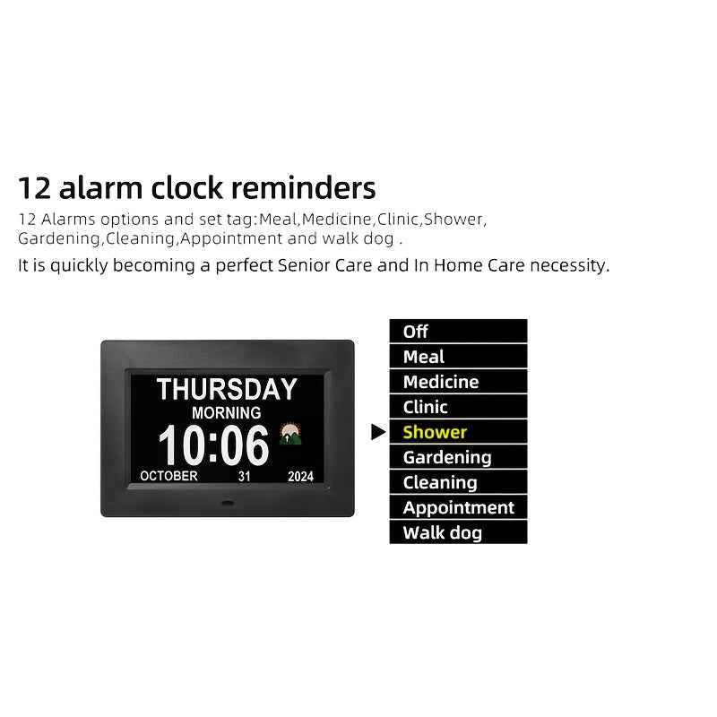 Large Digital Clock Designed for Seniors with Dementia, Featuring a Calendar Display, Alarms, And Functions As a Wall Clock Showing Day And Date. It Also Serves As an Alarm Clock, Desk Clock, Electronic Photo Frame, And Suppo