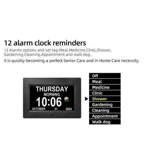 Large Digital Clock Designed for Seniors with Dementia, Featuring a Calendar Display, Alarms, And Functions As a Wall Clock Showing Day And Date. It Also Serves As an Alarm Clock, Desk Clock, Electronic Photo Frame, And Suppo
