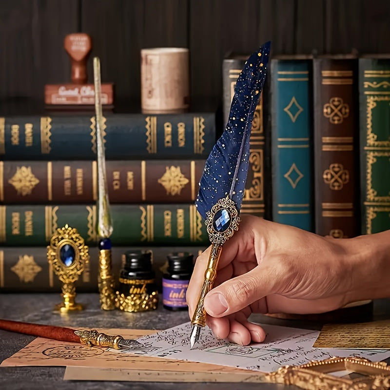 Antique Vintage Quill Pen and Ink Set - Gem Feather Pen Set with Glass Dip Pen, Wooden Dip Pen, Fire Lacquer Wax Beads, Spoon, Seal Stamp, Candle, Pen Base, Cup - Unique Gift for Writers, Artists & History Enthusiasts - Perfe SS69