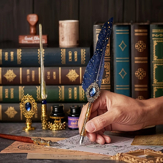 Antique Vintage Quill Pen and Ink Set - Gem Feather Pen Set with Glass Dip Pen, Wooden Dip Pen, Fire Lacquer Wax Beads, Spoon, Seal Stamp, Candle, Pen Base, Cup - Unique Gift for Writers, Artists & History Enthusiasts - Perfe SS69