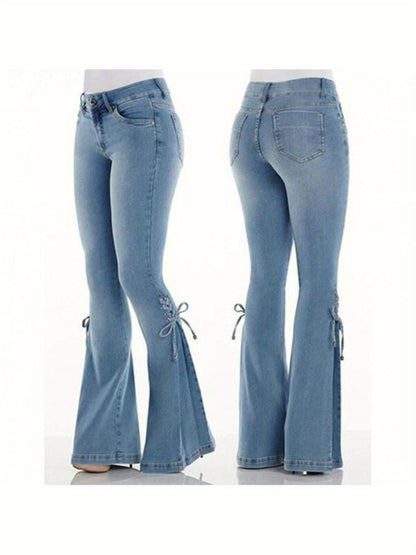 Women'S 100% High-Stretch Mid-Rise Slim Flared Jeans with Tie-Front Detail - SS69 